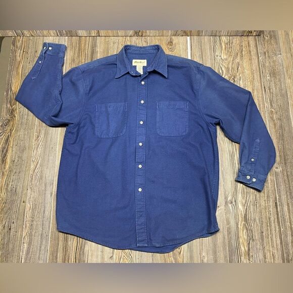 Vintage Eddie Bauer Soft Brushed Cotton Flannel Blue Button Down Shirt Mens Sz L - Picture 1 of 12